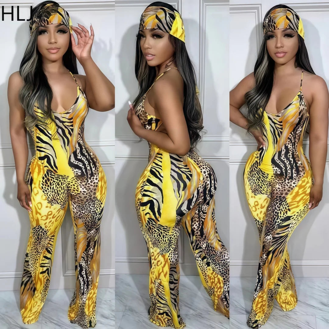 HLJ Sexy Leopard Print Bodycon Jumpsuits Women Thin Strap Sleeveless V Neck Wide Leg Pants Playsuit Female Overall With Scarf